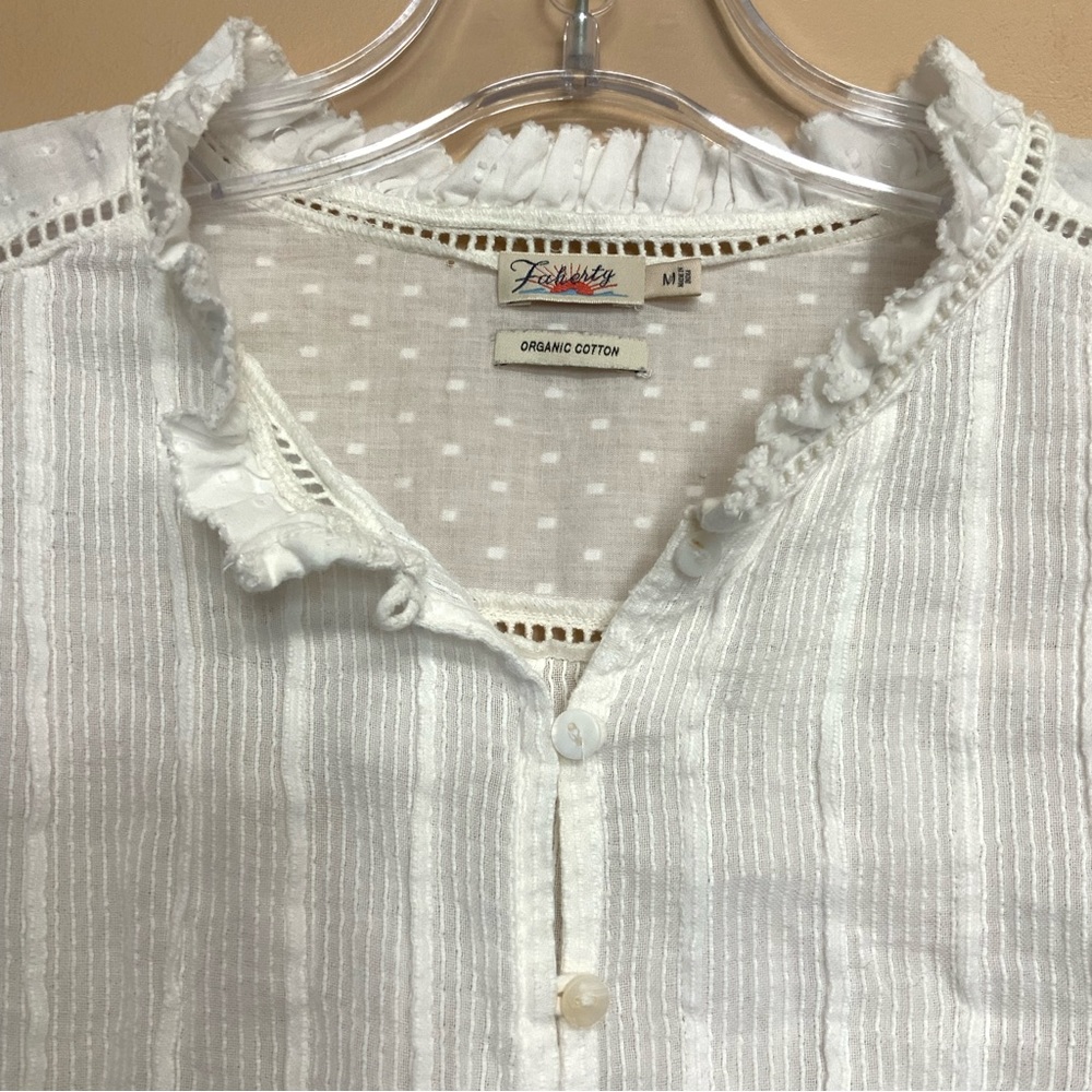 Faherty Willa Organic Cotton Ruffled Pintucked White Ivory Blouse - Picture 5 of 7